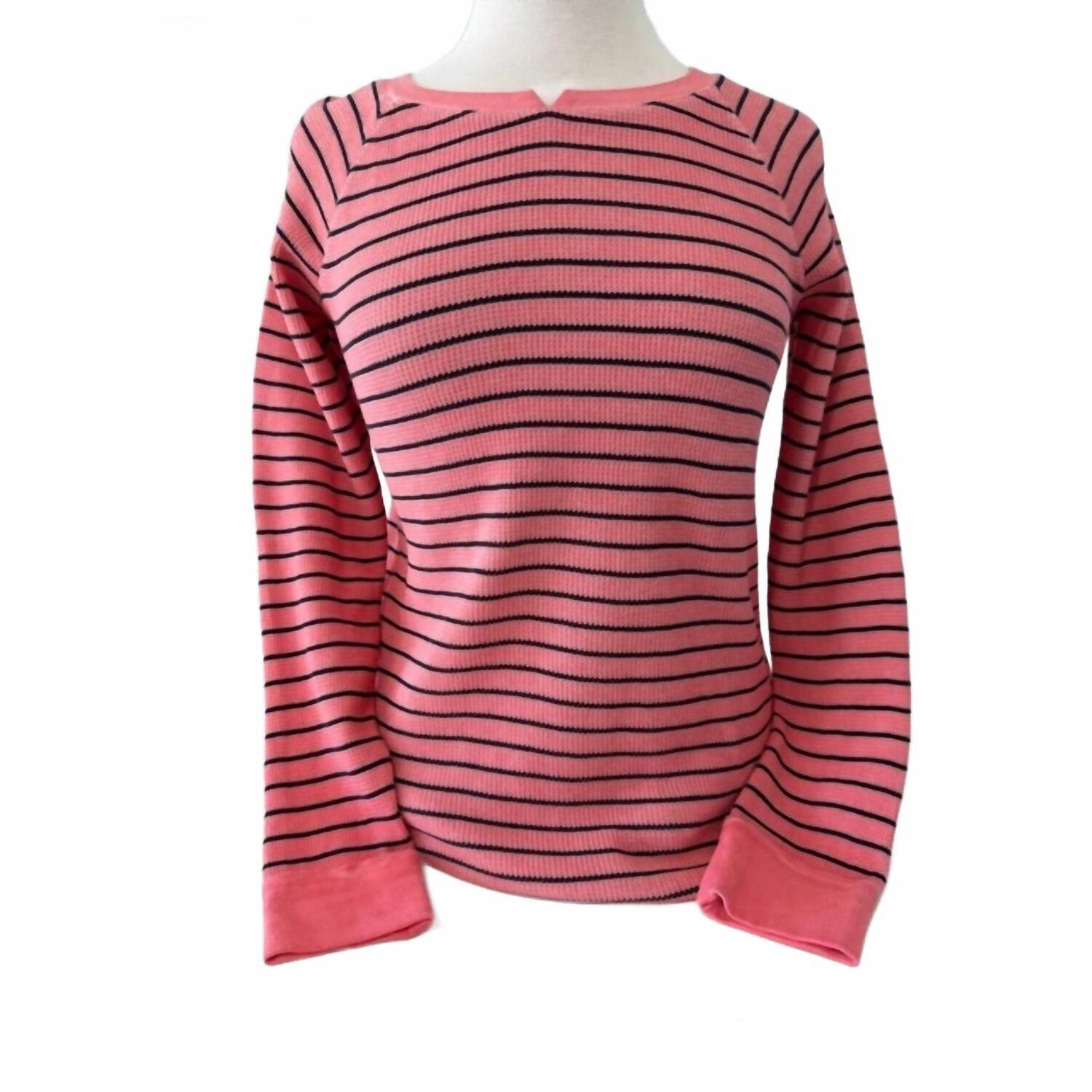 New Nic + Zoe Women's Long Sleeve Striped Waffle Tee In Pink/Navy